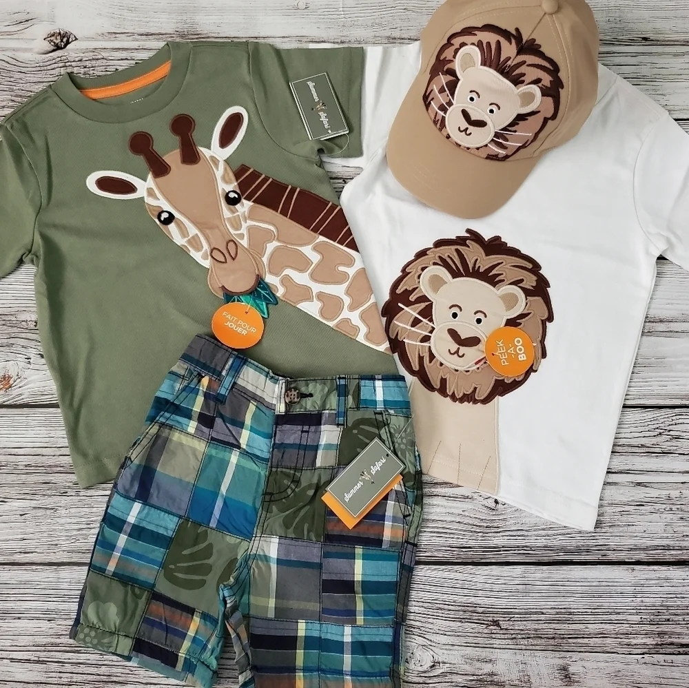 NEW Gymboree Summer Safari Embroidered T-Shirts, Patchwork Shorts, & Cap Bundle